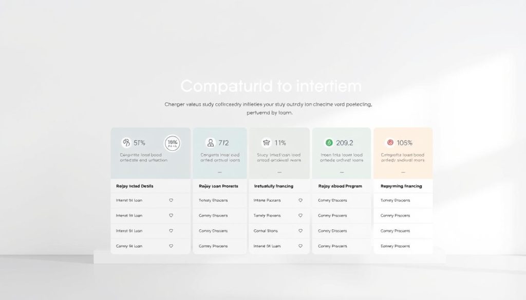 A modern, minimalist financial comparison platform with a clean, intuitive interface. In the foreground, neatly arranged columns displaying loan details, interest rates, and repayment options for various study abroad financing programs. The middle ground features sleek icons and infographic visualizations, guiding users through the decision-making process. The background has a subtle geometric pattern in muted tones, conveying a sense of professionalism and reliability. Soft, diffused lighting creates a calming, approachable atmosphere, inviting prospective students to explore and compare the best study loan alternatives. A modern, minimalist financial comparison platform with a clean, intuitive interface. In the foreground, neatly arranged columns displaying loan details, interest rates, and repayment options for various study abroad financing programs. The middle ground features sleek icons and infographic visualizations, guiding users through the decision-making process. The background has a subtle geometric pattern in muted tones, conveying a sense of professionalism and reliability. Soft, diffused lighting creates a calming, approachable atmosphere, inviting prospective students to explore and compare the best study loan alternatives.