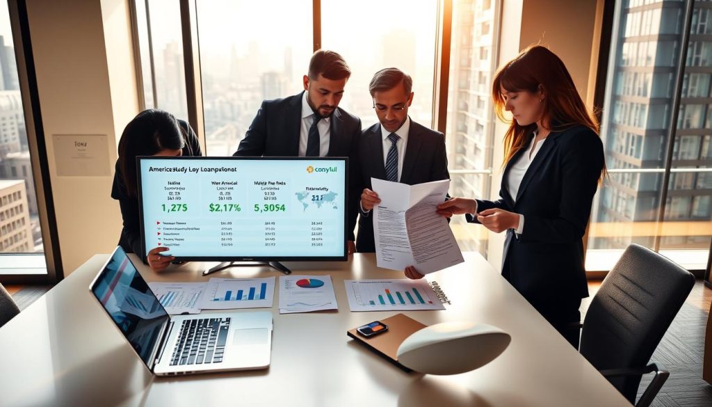 A visually engaging comparison scene highlighting American study loan platforms and international options, set in a modern office environment. In the foreground, a diverse group of three professional individuals (two men and one woman) in smart business attire, examining documents and charts on a sleek table. The middle ground features a digital screen displaying graphical comparisons of loan rates and terms, alongside a laptop open to a financial platform website. The background shows a window with a city skyline view, suggesting a financial district, complemented by warm daylight pouring in, creating an inviting atmosphere. Use a wide-angle lens perspective to enhance the composition, capturing both the individuals and the data they are analyzing, while maintaining a focused yet informative tone. A visually engaging comparison scene highlighting American study loan platforms and international options, set in a modern office environment. In the foreground, a diverse group of three professional individuals (two men and one woman) in smart business attire, examining documents and charts on a sleek table. The middle ground features a digital screen displaying graphical comparisons of loan rates and terms, alongside a laptop open to a financial platform website. The background shows a window with a city skyline view, suggesting a financial district, complemented by warm daylight pouring in, creating an inviting atmosphere. Use a wide-angle lens perspective to enhance the composition, capturing both the individuals and the data they are analyzing, while maintaining a focused yet informative tone.