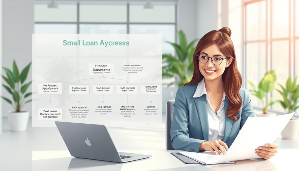 A visually engaging illustration representing the small loan application process. In the foreground, a confident young professional woman in business attire sits at a modern desk, examining documents and typing on a laptop. In the middle ground, a large flowchart outlines the steps of the loan application process, with steps like "Prepare Documents," "Submit Application," and "Await Approval" artistically highlighted. The background features a bright office environment with soft, natural lighting, large windows, and potted plants, creating an inviting atmosphere. The overall mood is optimistic and professional, capturing the essence of accessible financial assistance. The image should be detailed but clean, with no text, watermarks, or overlays. A visually engaging illustration representing the small loan application process. In the foreground, a confident young professional woman in business attire sits at a modern desk, examining documents and typing on a laptop. In the middle ground, a large flowchart outlines the steps of the loan application process, with steps like "Prepare Documents," "Submit Application," and "Await Approval" artistically highlighted. The background features a bright office environment with soft, natural lighting, large windows, and potted plants, creating an inviting atmosphere. The overall mood is optimistic and professional, capturing the essence of accessible financial assistance. The image should be detailed but clean, with no text, watermarks, or overlays.