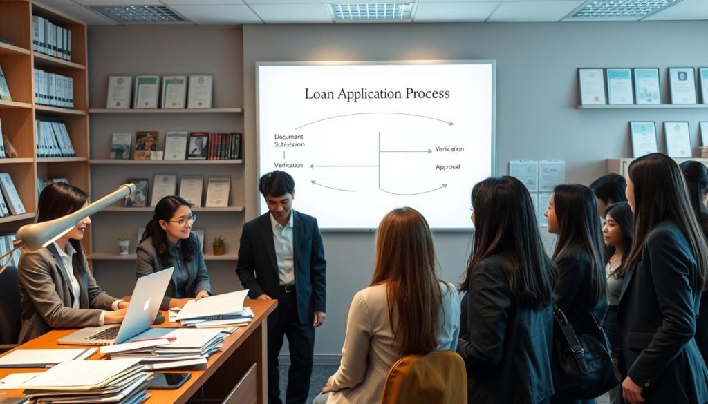 A professional office environment showcasing a student-centered loan application process. In the foreground, depict a diverse group of international students, dressed in professional business attire, engaging with a friendly loan officer at a desk cluttered with documents and a laptop. In the middle, show a whiteboard or digital screen displaying a clear step-by-step flowchart labeled “Loan Application Process”, with arrows highlighting steps like “Document Submission”, “Verification”, and “Approval”. The background features shelves of financial books and certificates, with soft, warm lighting illuminating the scene, creating an inviting and informative atmosphere. Use a wide-angle lens for a comprehensive view that draws the viewer into the process. A professional office environment showcasing a student-centered loan application process. In the foreground, depict a diverse group of international students, dressed in professional business attire, engaging with a friendly loan officer at a desk cluttered with documents and a laptop. In the middle, show a whiteboard or digital screen displaying a clear step-by-step flowchart labeled “Loan Application Process”, with arrows highlighting steps like “Document Submission”, “Verification”, and “Approval”. The background features shelves of financial books and certificates, with soft, warm lighting illuminating the scene, creating an inviting and informative atmosphere. Use a wide-angle lens for a comprehensive view that draws the viewer into the process.