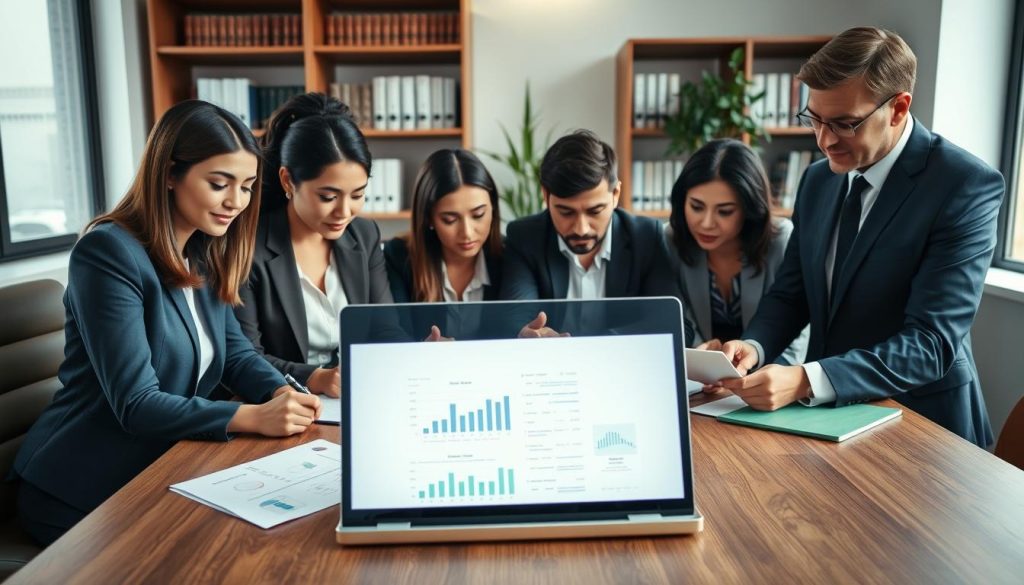A professional setting depicting a small loans application process. In the foreground, a diverse group of individuals in business attire, including a woman in a smart blazer and a man in a tailored suit, are collaboratively reviewing financial documents at a wooden table. In the middle, an open laptop displays graphs and a simple loan application form, illuminated by soft, natural light coming from a nearby window. The background features a tidy office environment with bookshelves filled with financial books and a potted plant adding a touch of greenery. The overall mood is focused and determined, emphasizing the importance of preparation and strategy in securing a small loan. The scene captures a moment of teamwork and professionalism, highlighting the application technique effectively. A professional setting depicting a small loans application process. In the foreground, a diverse group of individuals in business attire, including a woman in a smart blazer and a man in a tailored suit, are collaboratively reviewing financial documents at a wooden table. In the middle, an open laptop displays graphs and a simple loan application form, illuminated by soft, natural light coming from a nearby window. The background features a tidy office environment with bookshelves filled with financial books and a potted plant adding a touch of greenery. The overall mood is focused and determined, emphasizing the importance of preparation and strategy in securing a small loan. The scene captures a moment of teamwork and professionalism, highlighting the application technique effectively.