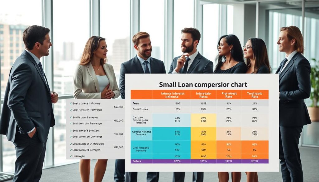 A visually engaging comparison chart illustrating "Small Loan Interest Rates" set in a modern office environment. In the foreground, display a large, organized infographic with distinct sections highlighting different loan providers, their corresponding interest rates, and fees, using vibrant colors to differentiate each category. In the middle ground, include a diverse group of professionals in business attire, discussing the chart with thoughtful expressions, enhancing the collaborative atmosphere. The background should feature a sleek, contemporary office with large windows showing a cityscape, allowing natural light to illuminate the scene. The mood is informative and focused, capturing the essence of financial decision-making. The composition should be well-balanced, with a clear focus on the infographic while maintaining a professional and engaging tone. A visually engaging comparison chart illustrating "Small Loan Interest Rates" set in a modern office environment. In the foreground, display a large, organized infographic with distinct sections highlighting different loan providers, their corresponding interest rates, and fees, using vibrant colors to differentiate each category. In the middle ground, include a diverse group of professionals in business attire, discussing the chart with thoughtful expressions, enhancing the collaborative atmosphere. The background should feature a sleek, contemporary office with large windows showing a cityscape, allowing natural light to illuminate the scene. The mood is informative and focused, capturing the essence of financial decision-making. The composition should be well-balanced, with a clear focus on the infographic while maintaining a professional and engaging tone.