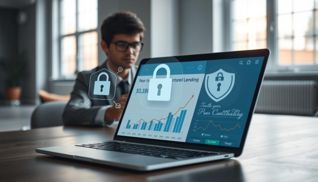 A modern, digital lending platform scene showcasing its security features. In the foreground, a sleek laptop displays a visually appealing interface with graphs and data representing peer-to-peer lending metrics. A professional individual, dressed in smart casual attire, analyzes the screen intently, depicting trust and transparency. In the middle, translucent overlay graphics illustrate security icons like locks and shields, emphasizing the platform's safety measures. The background features a stylish, minimalist office setting with soft, natural lighting filtering through large windows, creating a calm and focused atmosphere. The angle is slightly elevated, emphasizing the user’s engagement with the technology while maintaining a professional, approachable mood overall. A modern, digital lending platform scene showcasing its security features. In the foreground, a sleek laptop displays a visually appealing interface with graphs and data representing peer-to-peer lending metrics. A professional individual, dressed in smart casual attire, analyzes the screen intently, depicting trust and transparency. In the middle, translucent overlay graphics illustrate security icons like locks and shields, emphasizing the platform's safety measures. The background features a stylish, minimalist office setting with soft, natural lighting filtering through large windows, creating a calm and focused atmosphere. The angle is slightly elevated, emphasizing the user’s engagement with the technology while maintaining a professional, approachable mood overall.