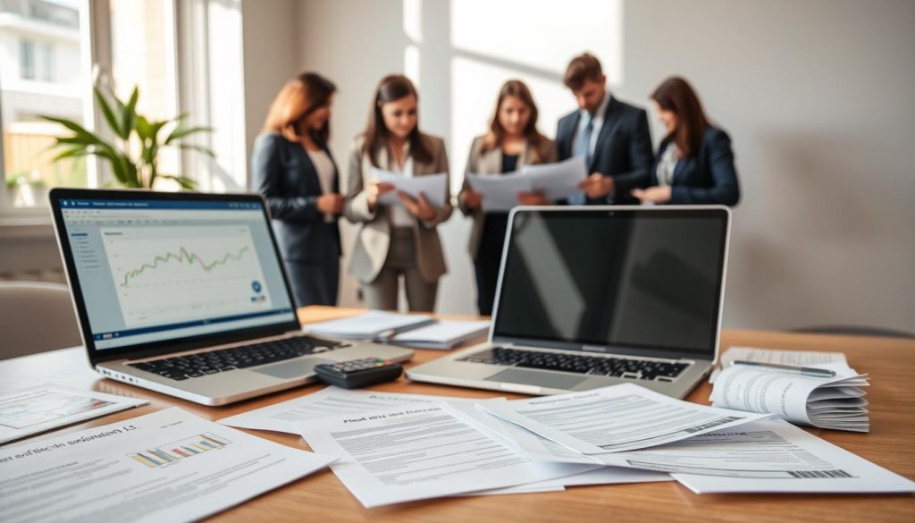 A professional setting depicting the essential qualifications and documents required for applying for an Australian loan while in the United States. In the foreground, a neatly arranged desk with essential loan documents, such as forms, identification papers, and financial statements. A laptop displaying a financial website is visible, with a calculator nearby. In the middle background, a group of diverse professionals, dressed in business attire, engaged in a discussion, reviewing paperwork. The scene is well-lit with natural light streaming through a window, casting soft shadows. The overall mood is focused and serious, reflecting the importance of financial preparation. The composition should emphasize clarity and professionalism, with no text or any distractions present. A professional setting depicting the essential qualifications and documents required for applying for an Australian loan while in the United States. In the foreground, a neatly arranged desk with essential loan documents, such as forms, identification papers, and financial statements. A laptop displaying a financial website is visible, with a calculator nearby. In the middle background, a group of diverse professionals, dressed in business attire, engaged in a discussion, reviewing paperwork. The scene is well-lit with natural light streaming through a window, casting soft shadows. The overall mood is focused and serious, reflecting the importance of financial preparation. The composition should emphasize clarity and professionalism, with no text or any distractions present.