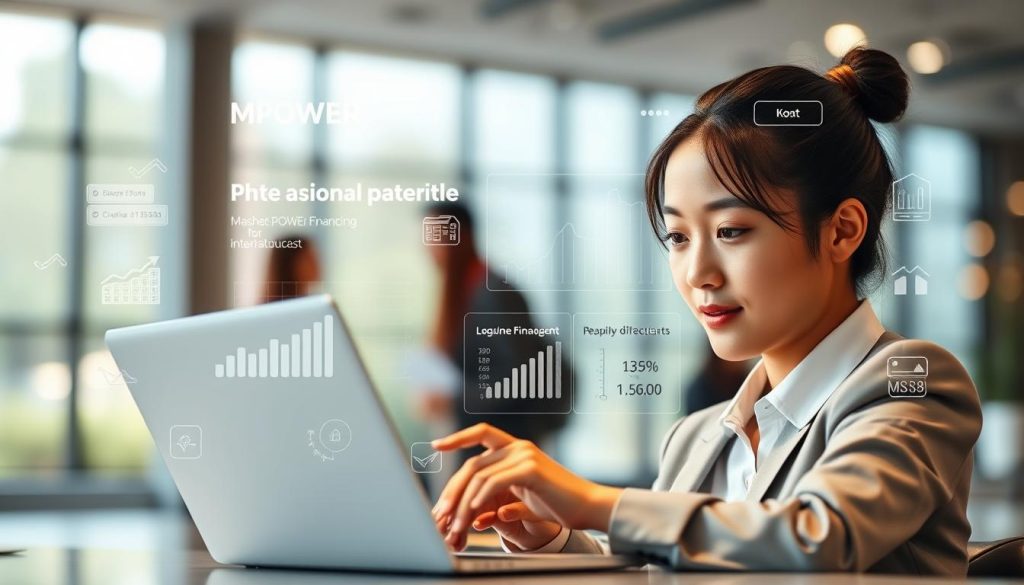 A sleek, modern digital interface displaying a loan platform specifically designed for international students, featuring prominent branding for MPOWER Financing. In the foreground, a young Asian student in professional attire is interacting with a laptop, looking focused and engaged, with bright, warm lighting illuminating their face. In the middle ground, various elements like graphs, financial charts, and educational imagery suggest a vibrant, dynamic financial environment. The background shows a blurred university campus scene, conveying a sense of optimism and opportunity. Soft, inviting colors create an atmosphere of trust and professionalism, highlighting the importance of financial resources for students abroad. Incorporate a shallow depth of field to emphasize the student and the digital interface. A sleek, modern digital interface displaying a loan platform specifically designed for international students, featuring prominent branding for MPOWER Financing. In the foreground, a young Asian student in professional attire is interacting with a laptop, looking focused and engaged, with bright, warm lighting illuminating their face. In the middle ground, various elements like graphs, financial charts, and educational imagery suggest a vibrant, dynamic financial environment. The background shows a blurred university campus scene, conveying a sense of optimism and opportunity. Soft, inviting colors create an atmosphere of trust and professionalism, highlighting the importance of financial resources for students abroad. Incorporate a shallow depth of field to emphasize the student and the digital interface.