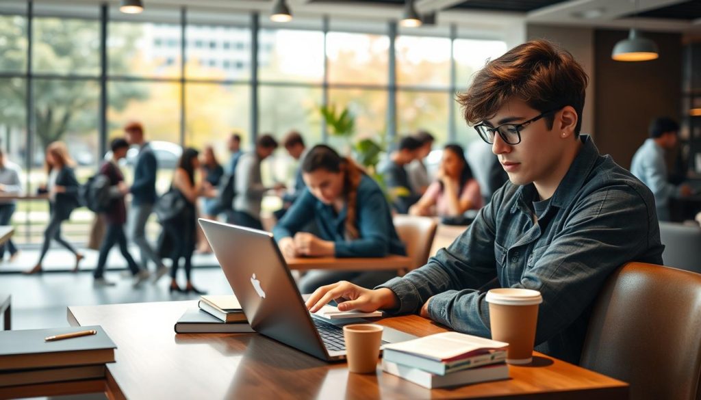 A visually engaging scene featuring a college student selecting a study loan platform on a laptop at a modern, well-lit coffee shop. In the foreground, the student, dressed in casual yet professional attire, is intently focused on the screen, surrounded by books and a coffee cup. The middle ground includes a vibrant atmosphere with diverse students engaging in discussions and working together, showcasing teamwork and collaboration. In the background, large windows reveal a busy university campus, with trees and students walking by, suggesting a dynamic educational environment. Soft, warm lighting enhances the focus on the student while creating an inviting and motivational mood. The overall image communicates the thoughtful process of choosing the right loan platform amidst the lively academic setting. A visually engaging scene featuring a college student selecting a study loan platform on a laptop at a modern, well-lit coffee shop. In the foreground, the student, dressed in casual yet professional attire, is intently focused on the screen, surrounded by books and a coffee cup. The middle ground includes a vibrant atmosphere with diverse students engaging in discussions and working together, showcasing teamwork and collaboration. In the background, large windows reveal a busy university campus, with trees and students walking by, suggesting a dynamic educational environment. Soft, warm lighting enhances the focus on the student while creating an inviting and motivational mood. The overall image communicates the thoughtful process of choosing the right loan platform amidst the lively academic setting.